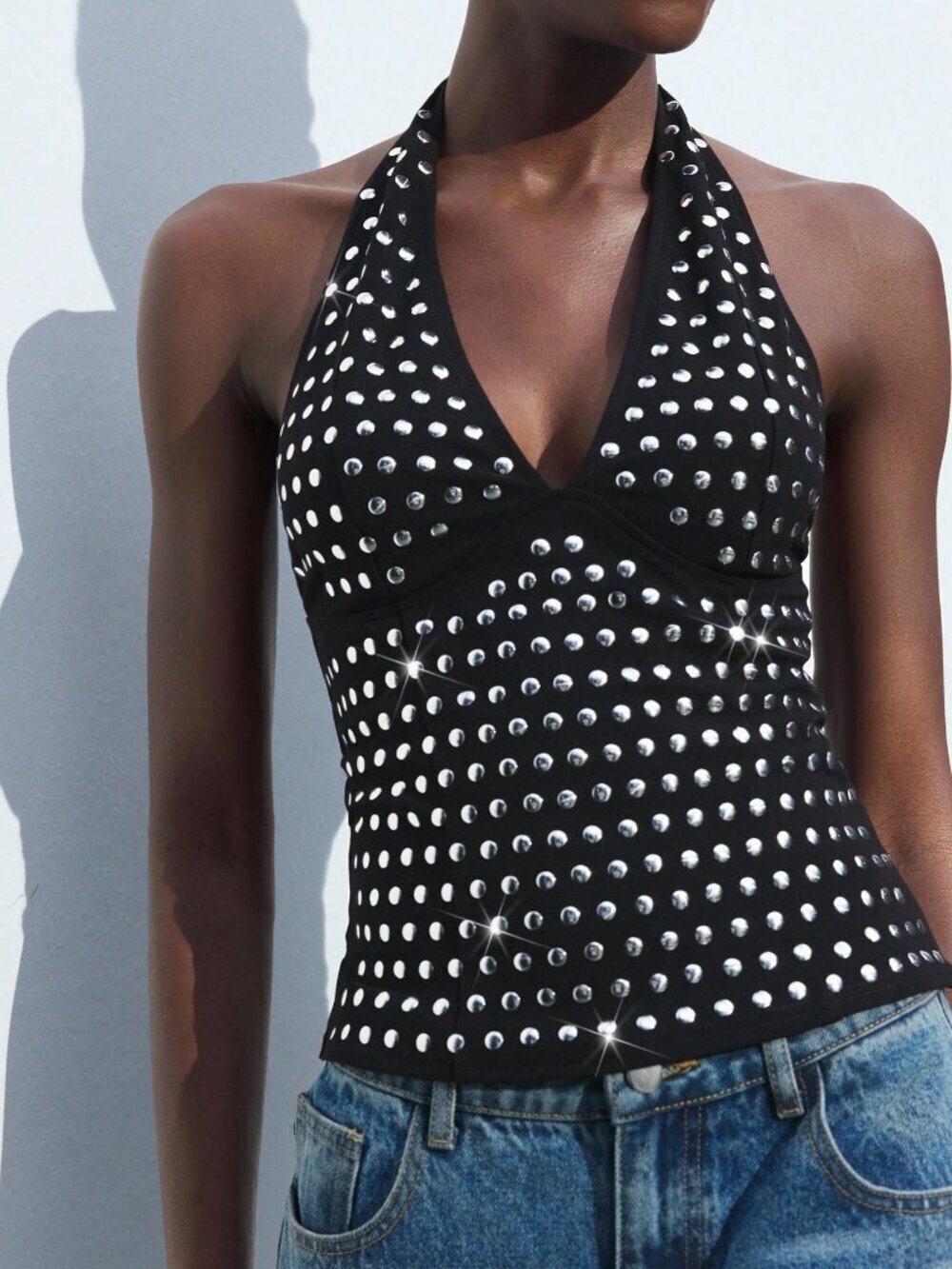 Black Party Women's V-Neck Studded Cami Tops